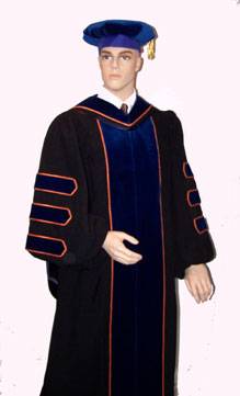 doctoral gown with academic cap, tassel, and graduation hood