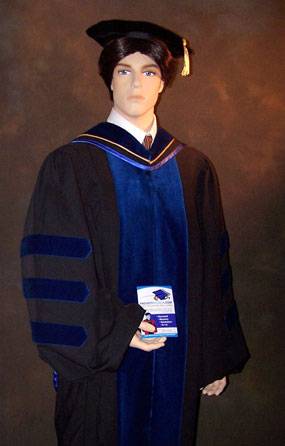 deluxe doctoral gown with Ph.D. velvet, hood, and velvet tam